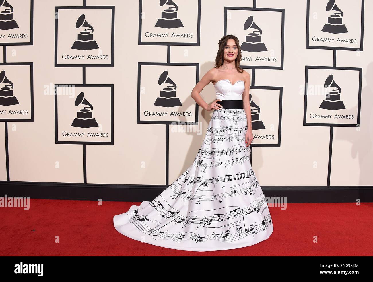 Diana Gloster arrives at the 58th annual Grammy Awards at the Staples