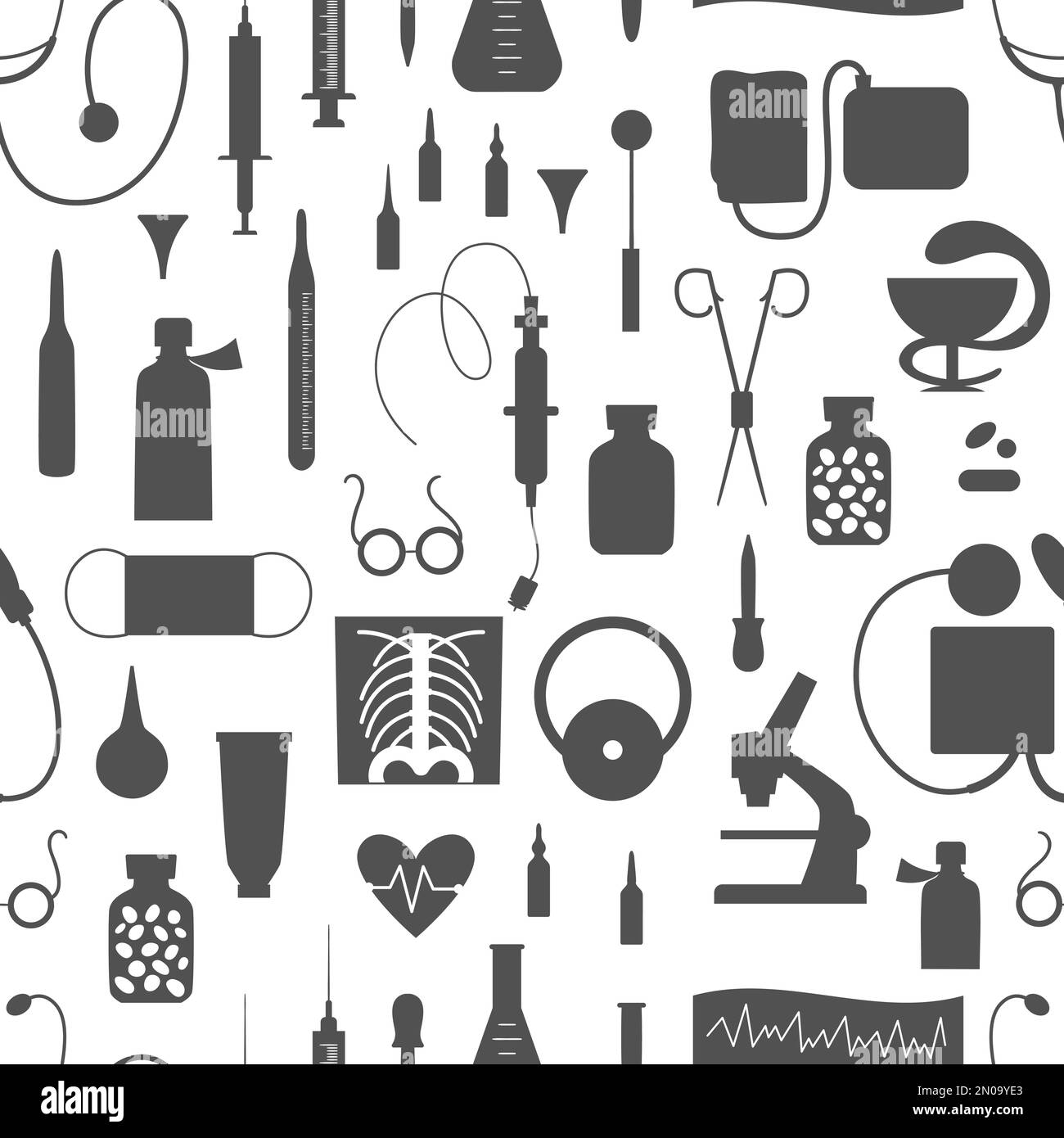 Vector seamless pattern with flat medical silhouette icons. Medicine or health insurance, research background. Healthcare and laboratory equipment dig Stock Vector