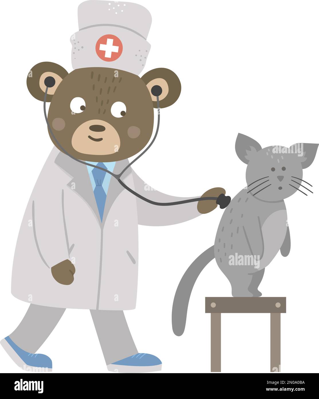 Vector animal doctor treating patient. Bear listening to cat’s lungs. Cute funny characters. Medicine picture for children. Hospital scenes isolated o Stock Vector