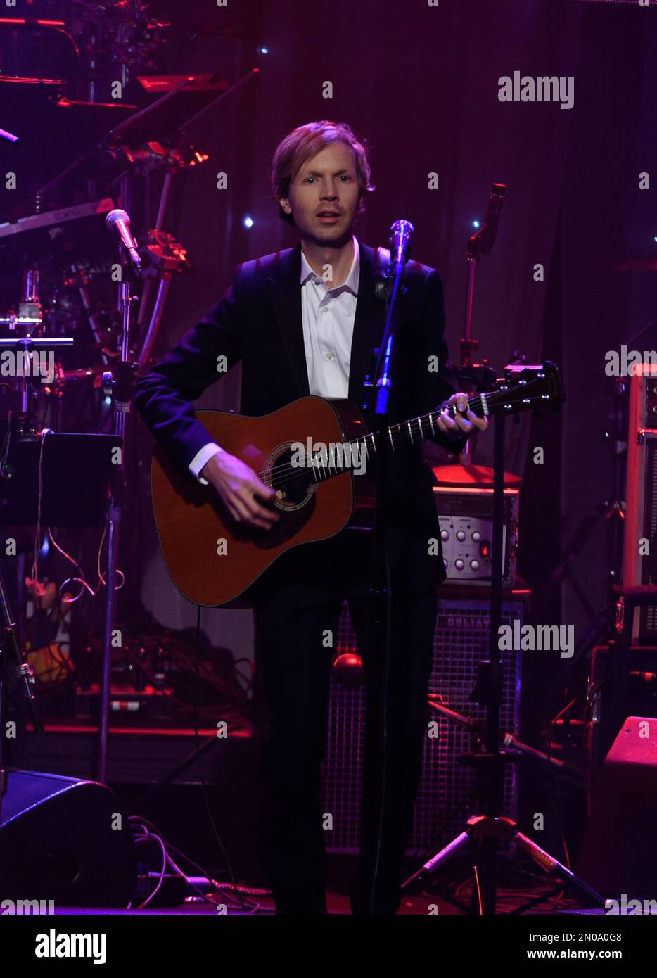 Beck performs at the 2016 Clive Davis Pre-Grammy Gala at the Beverly ...