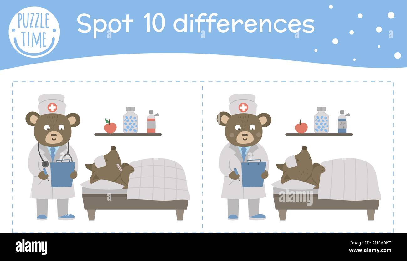 Medical find differences game for children. Medicine preschool activity with doctor making notes near patients bed. Puzzle with cute funny smiling cha Stock Vector