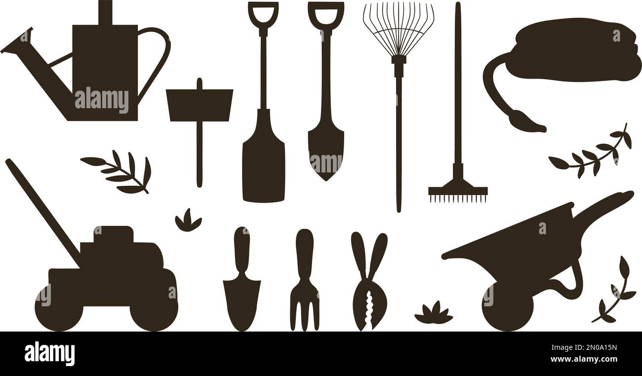 Vector set with silhouettes of garden tools, flowers, herbs, plants. Collection of black and white gardening equipment. Flat spring illustration Stock Vector