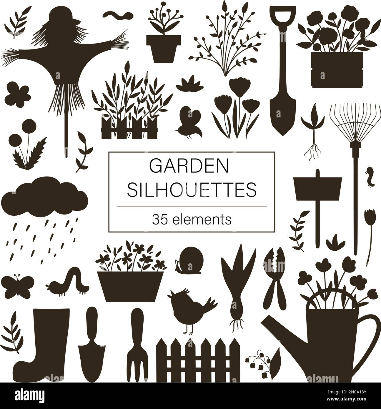 Vector big set of garden tools, flowers, herbs, plants silhouettes. Collection of black and white gardening equipment. Flat spring illustration isolat Stock Vector