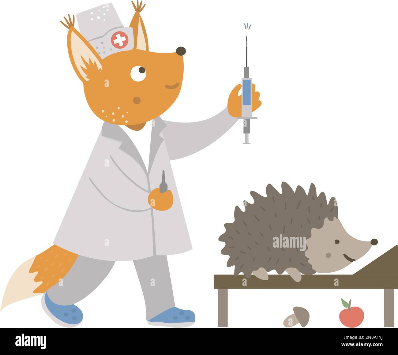 Vector animal nurse treating patient. Fox giving hedgehog an injection. Cute funny characters