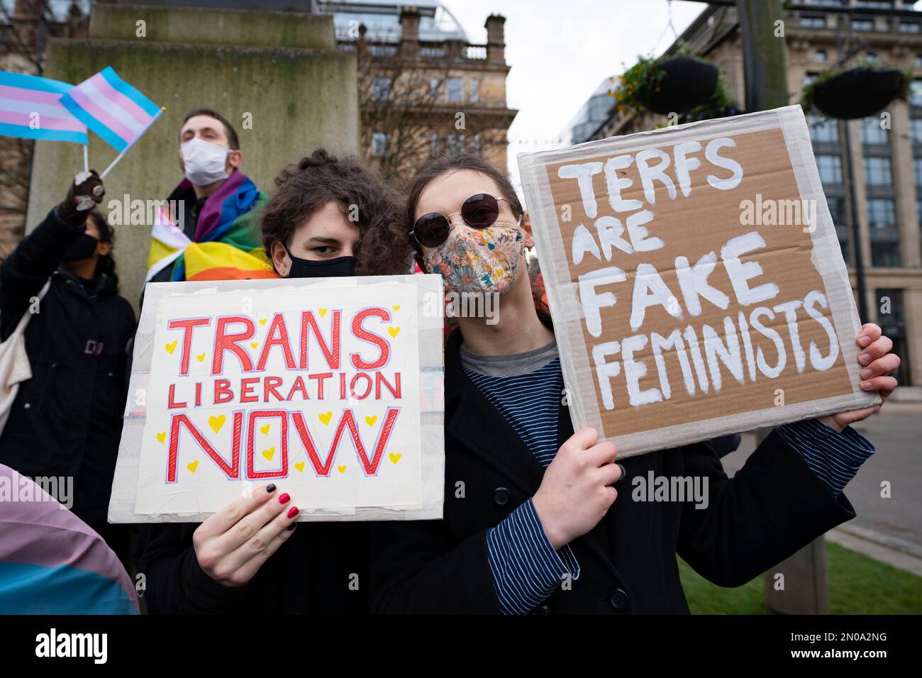 Glasgow,  Scotland, UK. 5 February 2023.     Pro-transgender rights  protesters at a Let Women Speak rally organised by Standing for Women group in George Square, Glasgow. The pro women rally is  supporting the UK Government's use of a Section 35 order to block Scotland's recent Gender Recognition Reform Bill. Credit Iain Masterton/Alamy Live News Stock Photo