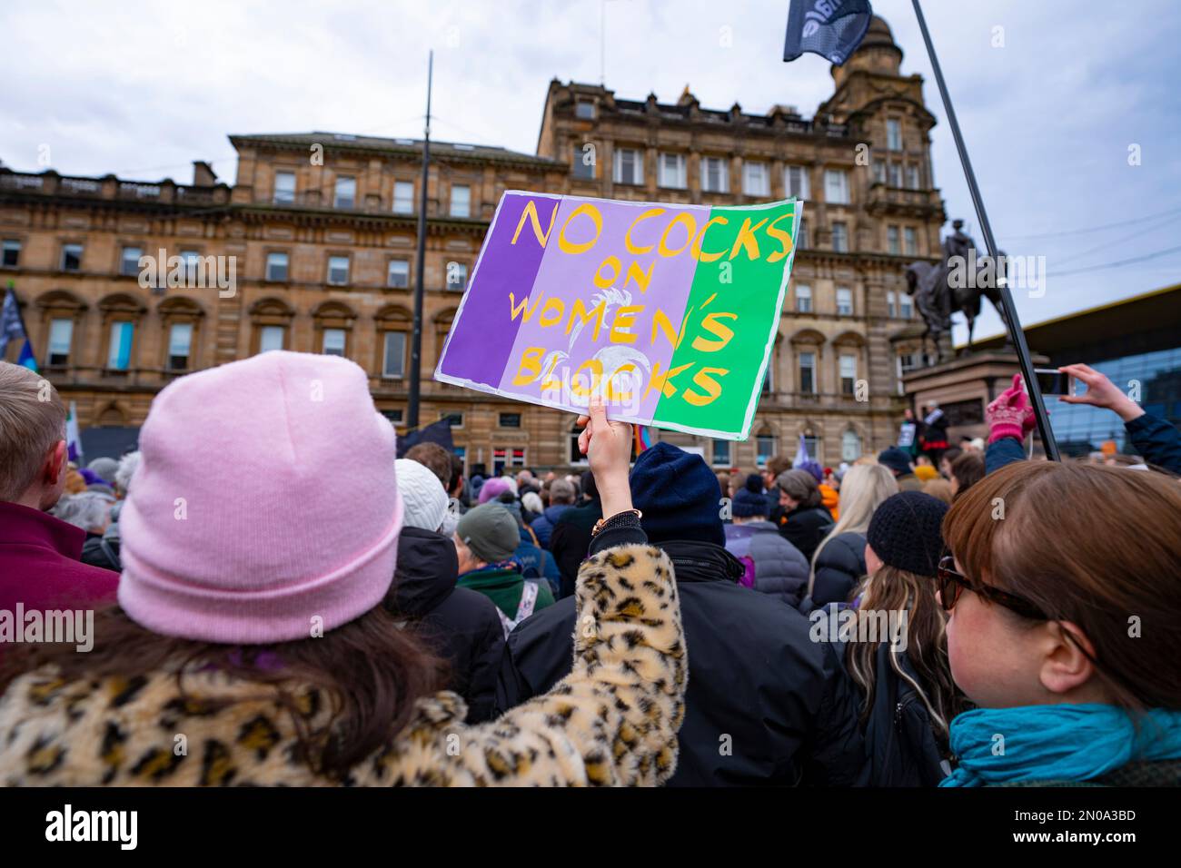 Glasgow,  Scotland, UK. 5 February 2023.     Anti GRA reform protesters at a Let Women Speak rally organised by Standing for Women group in George Square, Glasgow. The pro women rally is  supporting the UK Government's use of a Section 35 order to block Scotland's recent Gender Recognition Reform Bill. Credit Iain Masterton/Alamy Live News Stock Photo