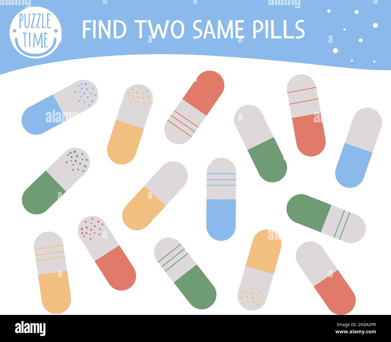 Find two same pills. Medical or healthcare themed matching activity for