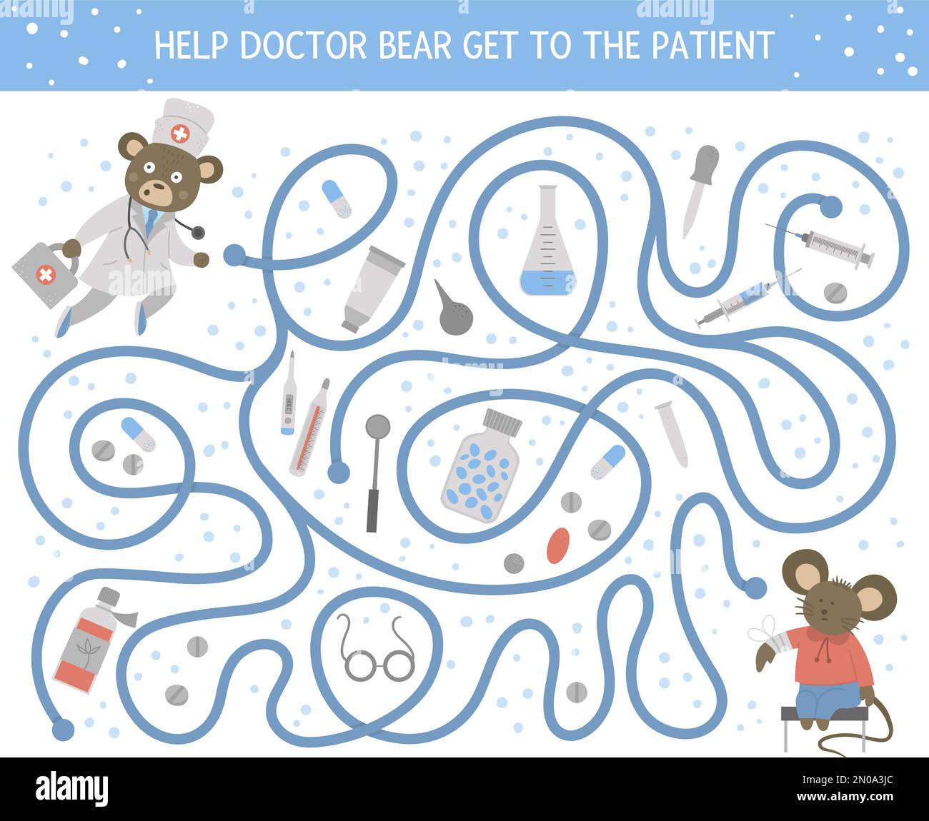 Medical maze for children. Preschool medicine activity. Funny puzzle game with cute doctor bear, ill mouse, pills, med equipment. Help the doctor get Stock Vector