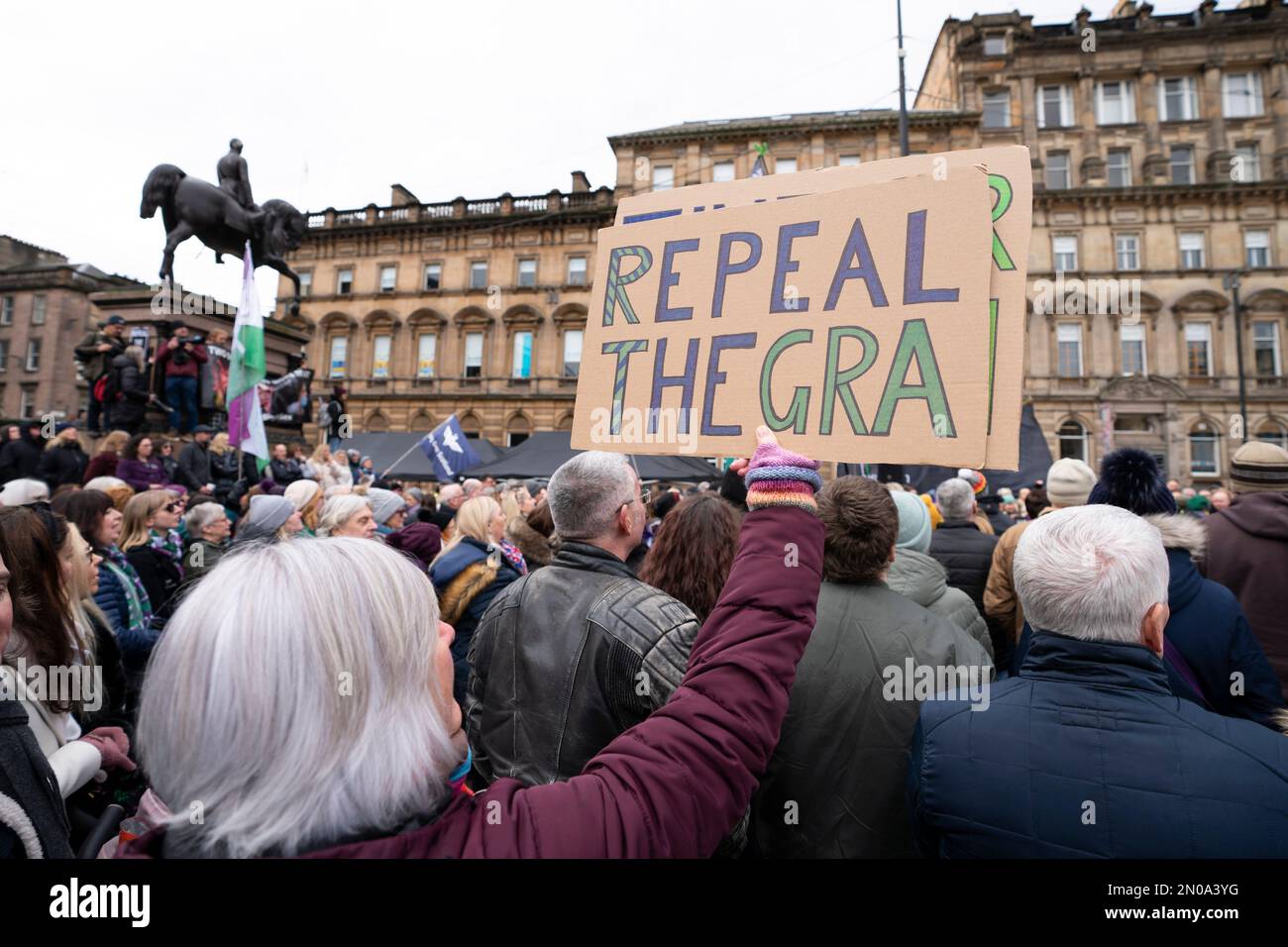 Glasgow,  Scotland, UK. 5 February 2023.     Anti GRA reform protesters at a Let Women Speak rally organised by Standing for Women group in George Square, Glasgow. The pro women rally is  supporting the UK Government's use of a Section 35 order to block Scotland's recent Gender Recognition Reform Bill. Credit Iain Masterton/Alamy Live News Stock Photo