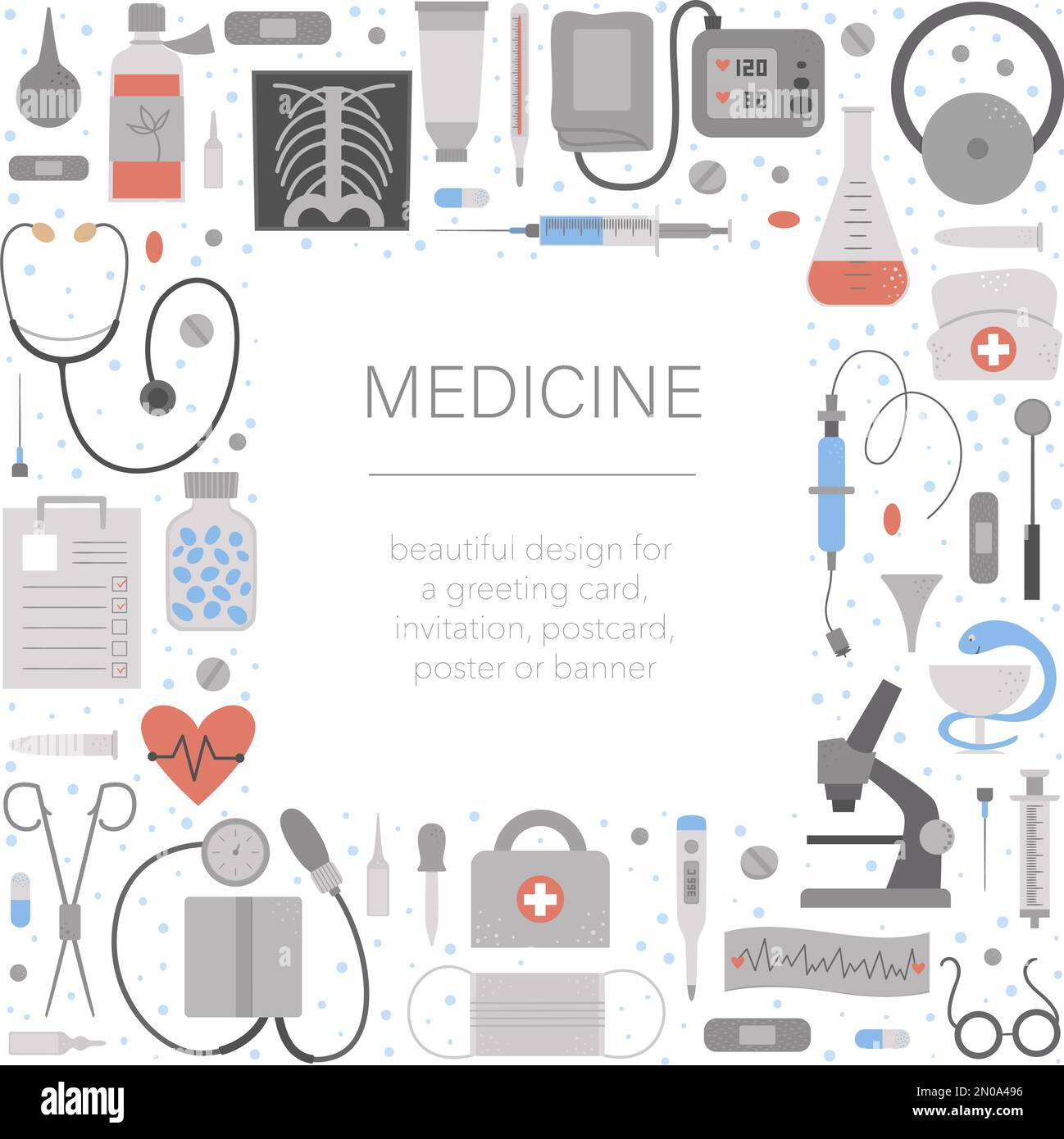 Vector square frame with medical equipment and tools. Medicine elements