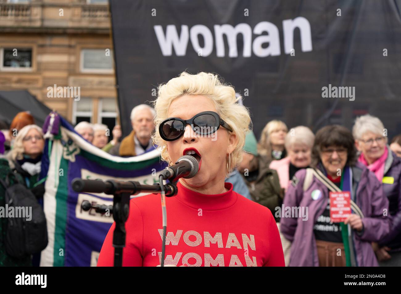 Glasgow,  Scotland, UK. 5 February 2023.     Anti-transgender rights activist Kellie Jay Keen (aka Posie Parker ) speaks at a Let Women Speak rally organised by Standing for Women group in George Square, Glasgow. The pro women rally is  supporting the UK Government's use of a Section 35 order to block Scotland's recent Gender Recognition Reform Bill. Credit Iain Masterton/Alamy Live News Stock Photo