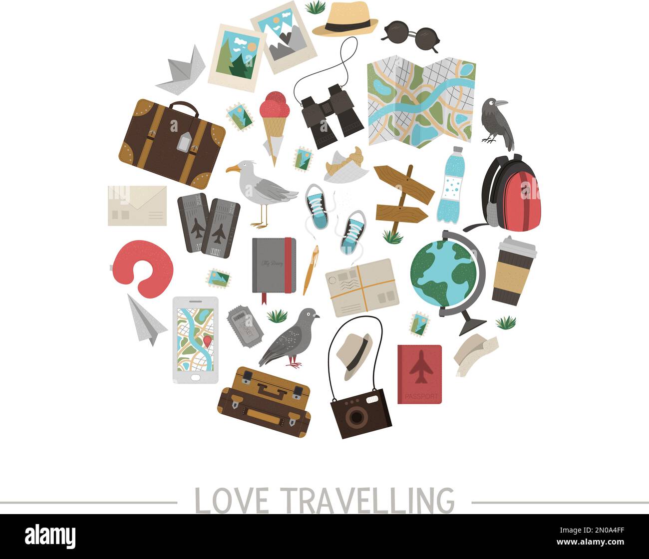 Vector round frame with travelling objects. Journey elements banner