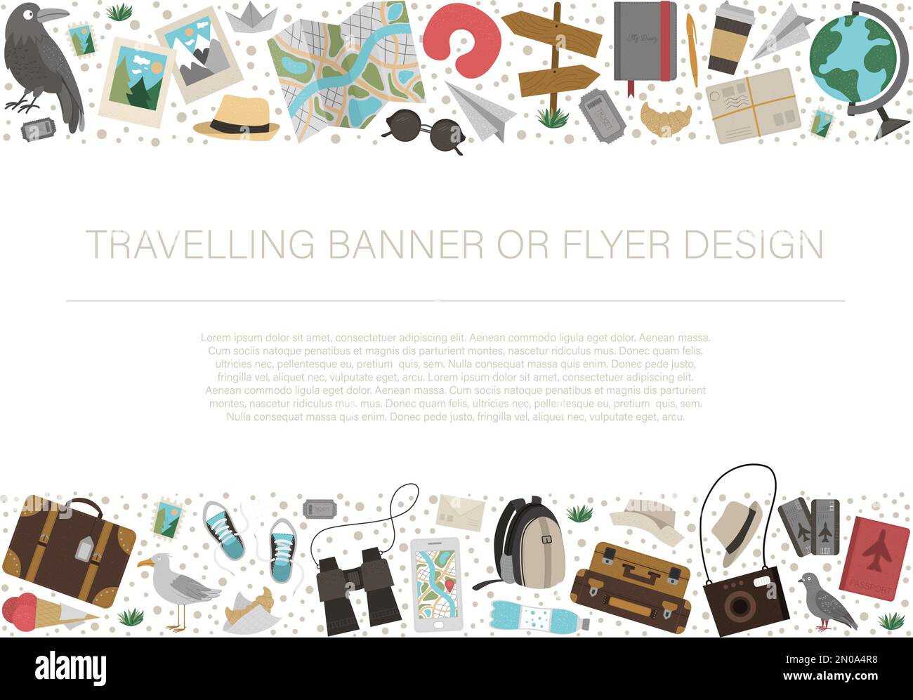 Vector horizontal layout frame with travelling objects. Journey