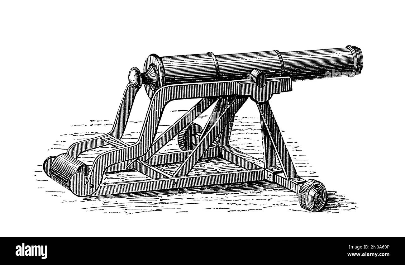 Antique 19th-century illustration depicting German and Prussian artillery weapons and toos (XVII-XVIII century): 12- and 40-pounder cannons, firearm, Stock Photo