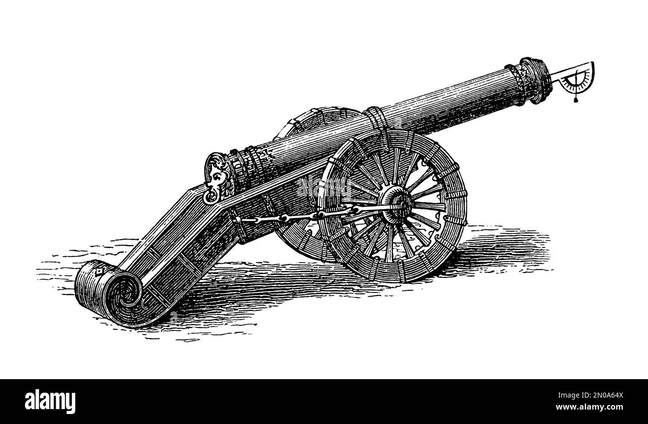Antique 19th-century illustration depicting German and Prussian artillery weapons and toos (XVII-XVIII century): 12- and 40-pounder cannons, firearm, Stock Photo