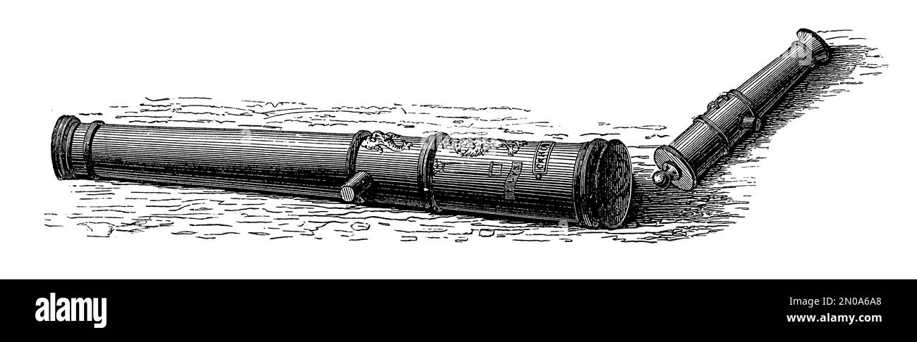 Antique 19th-century illustration depicting German and Prussian artillery weapons and toos (XVII-XVIII century): 12- and 40-pounder cannons, firearm, Stock Photo