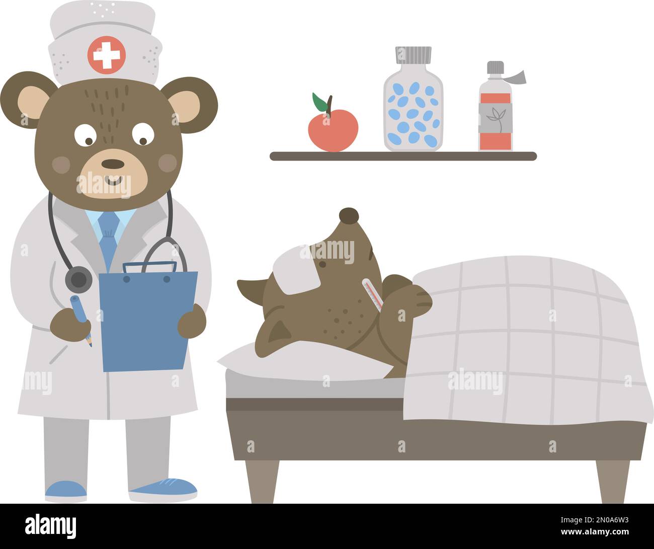 Vector animal doctor treating patient. Bear making notes in anamneses near patient bed. Cute funny characters. Medicine picture for children. Hospital Stock Vector