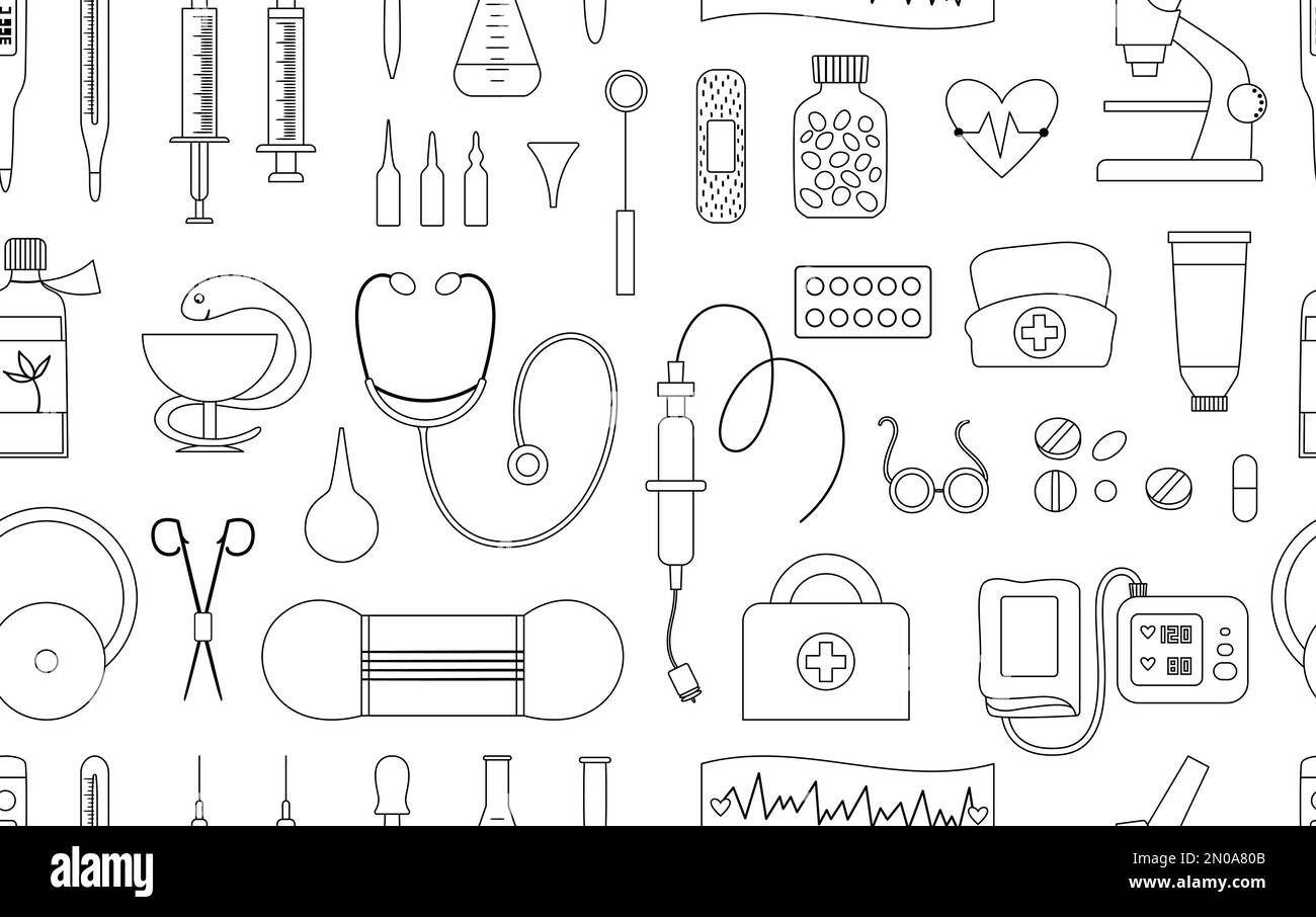 Vector seamless pattern with flat medical line icons. Medicine or