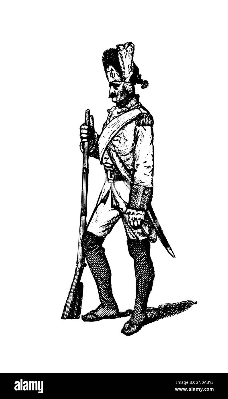 Antique 19th-century illustration of French troop, XVIII century: Grenadier. Engraving published in Systematischer Bilder Atlas - Kriegwesen und Seewe Stock Photo