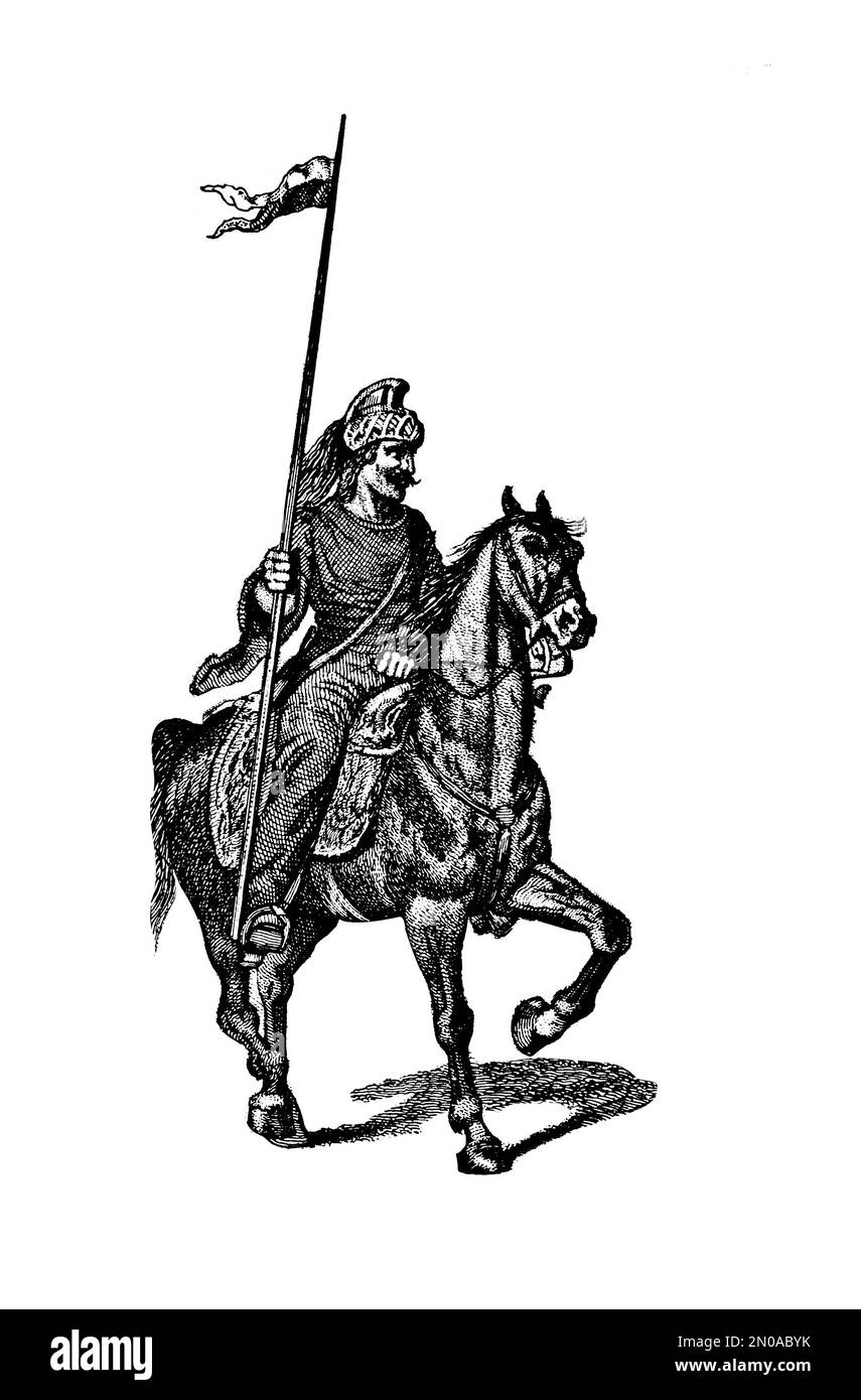 Antique 19th-century illustration of French troop, XVIII century: Lance. Engraving published in Systematischer Bilder Atlas - Kriegwesen und Seewesen, Stock Photo