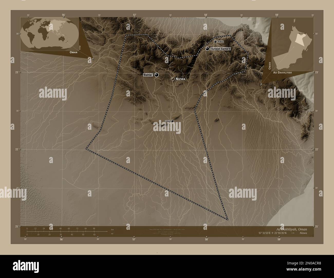 Ad Dakhliyah, region of Oman. Elevation map colored in sepia tones with ...