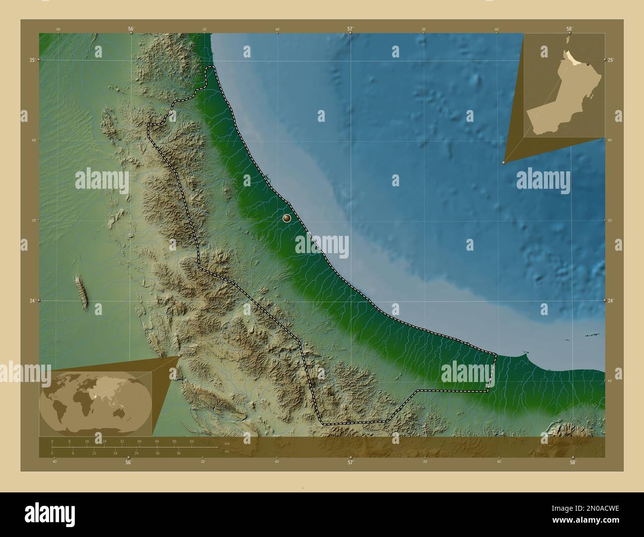 Al Batinah North, region of Oman. Colored elevation map with lakes and ...