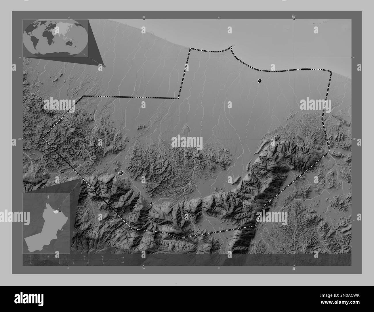 Al Batinah South, region of Oman. Grayscale elevation map with lakes and rivers. Locations of major cities of the region. Corner auxiliary location ma Stock Photo