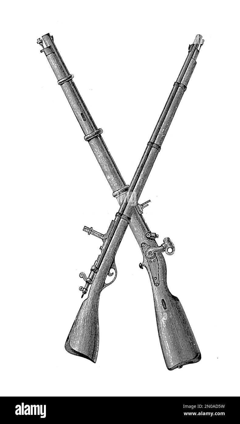 Antique 19th-century engraving depicting rifles and munitions, XIX century - Cossacks rifle, matchlock rifle, Lefaucheux revolver, cartridges, caniste Stock Photo