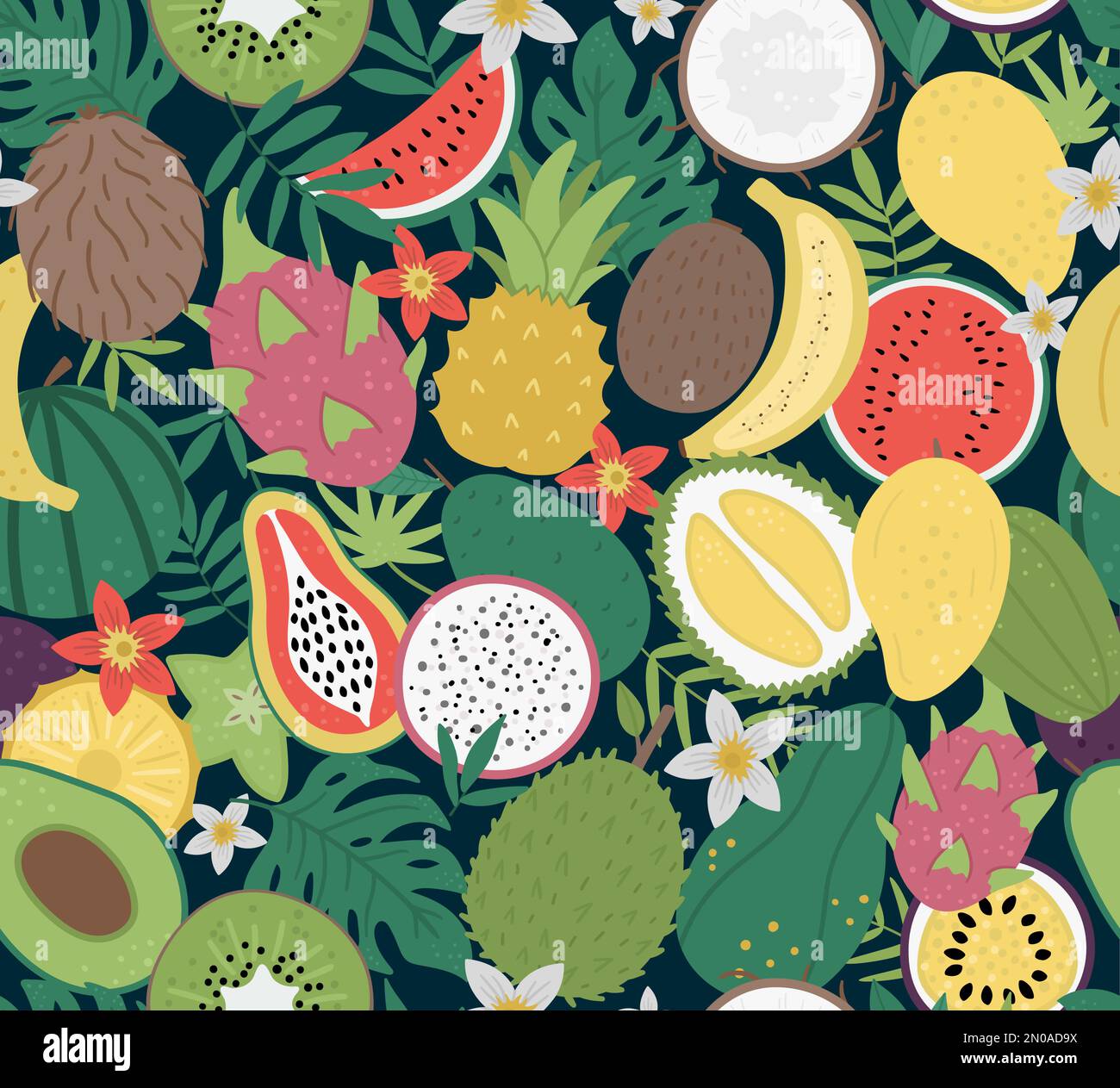 Vector seamless pattern with tropical fruit and berries with slices and halves. Jungle foliage background. Hand drawn flat exotic plants texture. Brig Stock Vector