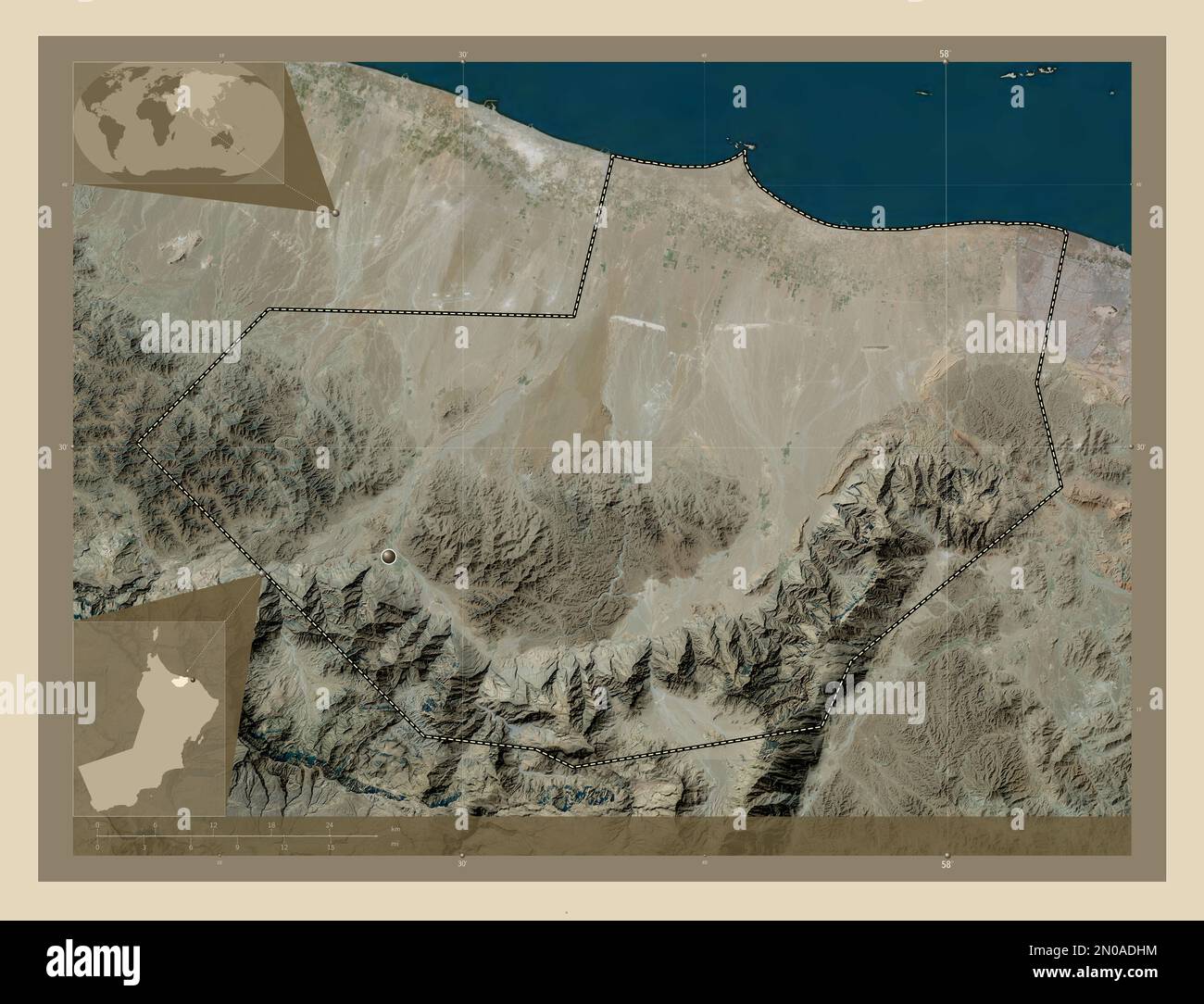 Al Batinah South, region of Oman. High resolution satellite map. Corner auxiliary location maps Stock Photo