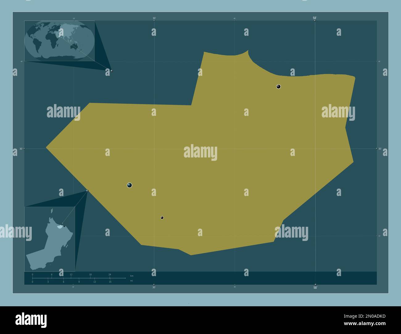 Al Batinah South, region of Oman. Solid color shape. Locations of major cities of the region. Corner auxiliary location maps Stock Photo