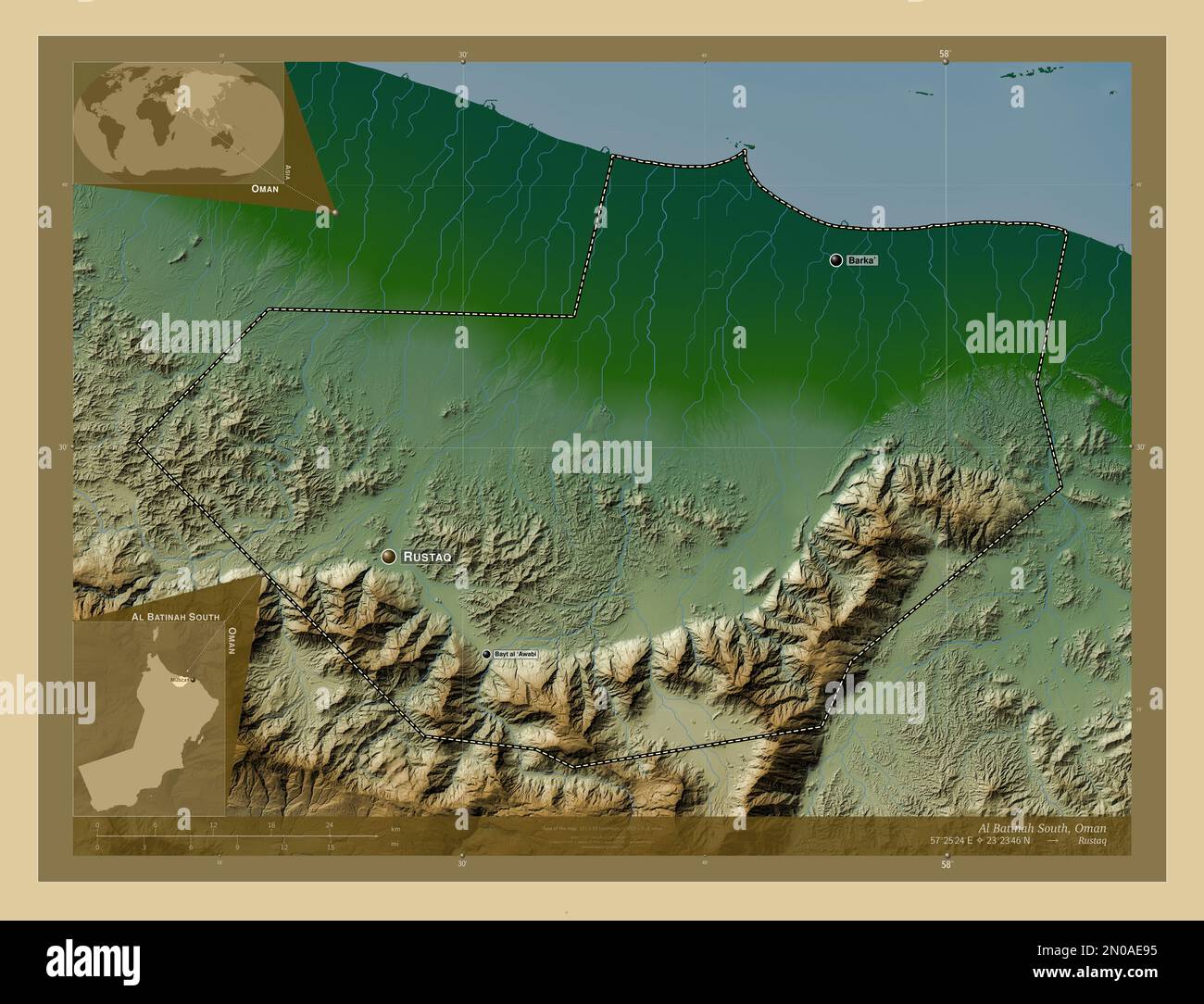 Al Batinah South, region of Oman. Colored elevation map with lakes and ...