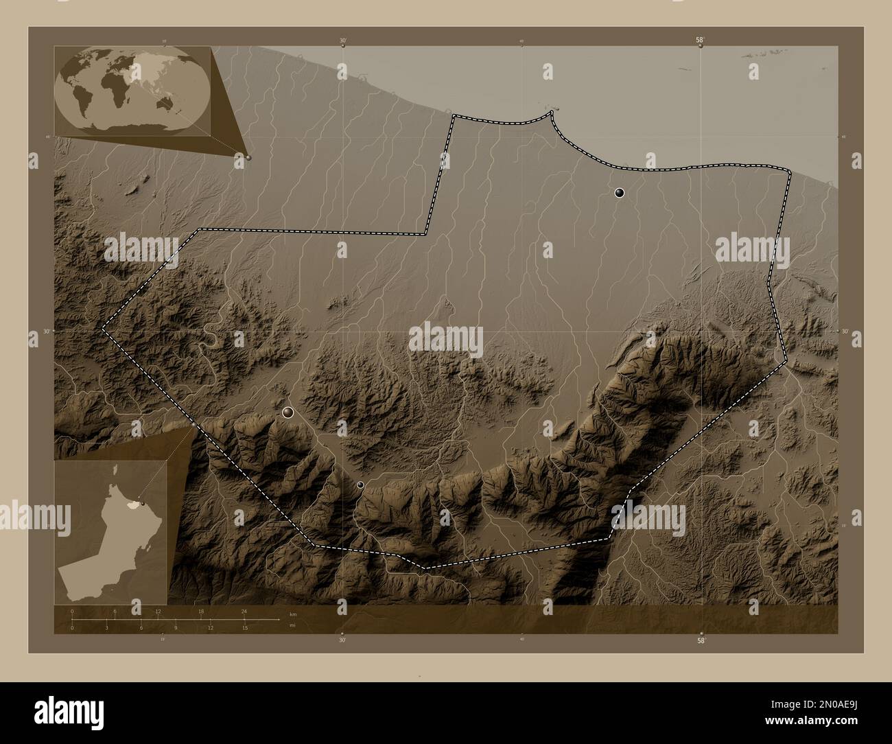 Al Batinah South, region of Oman. Elevation map colored in sepia tones ...