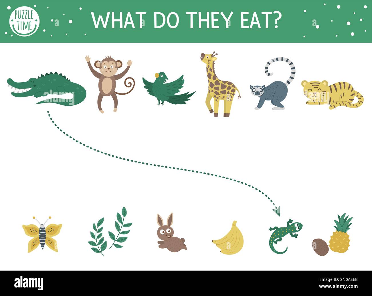 What do they eat. Matching activity for children with tropical animals and food they eat. Funny jungle puzzle. Logical quiz worksheet. Simple summer g Stock Vector