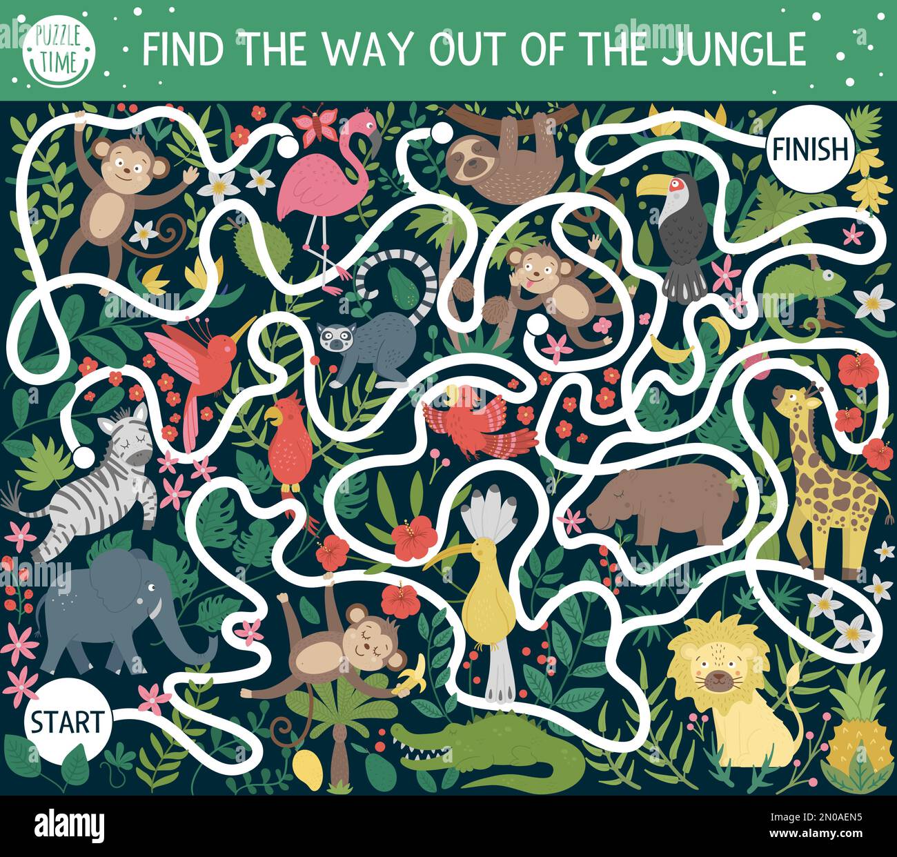 Tropical maze for children. Preschool exotic activity. Funny exotic