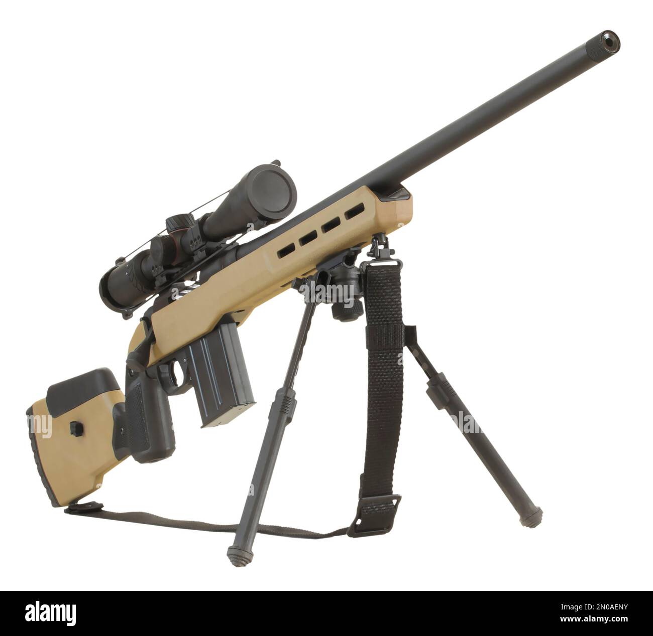 Precision bolt action rifle with scope and bipod and sling Stock Photo