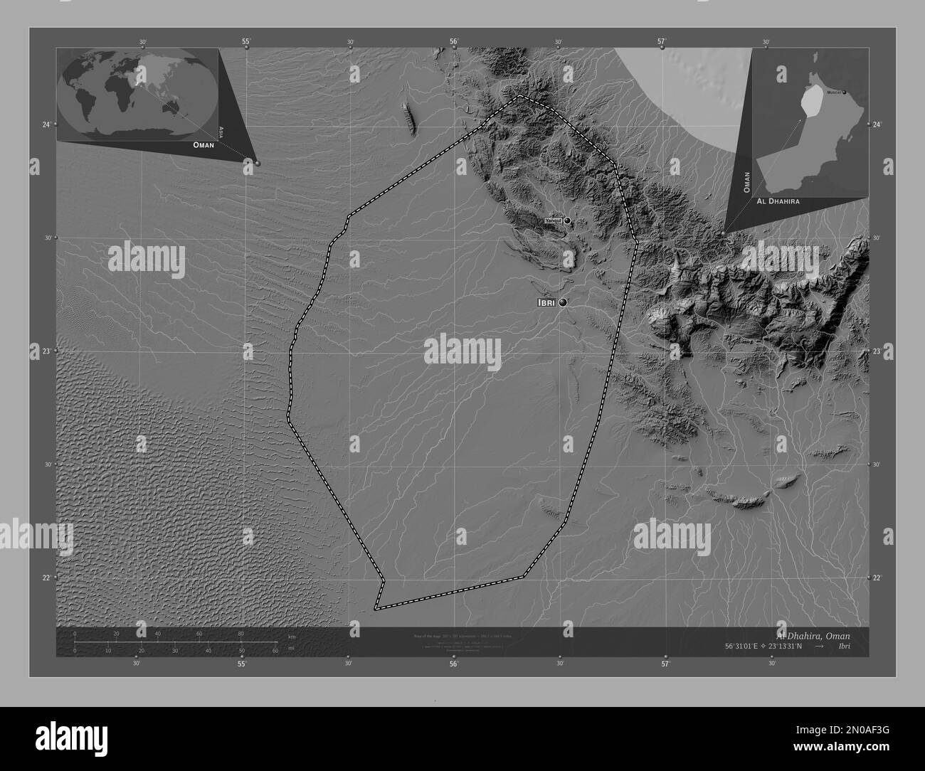 Al Dhahira, region of Oman. Bilevel elevation map with lakes and rivers ...