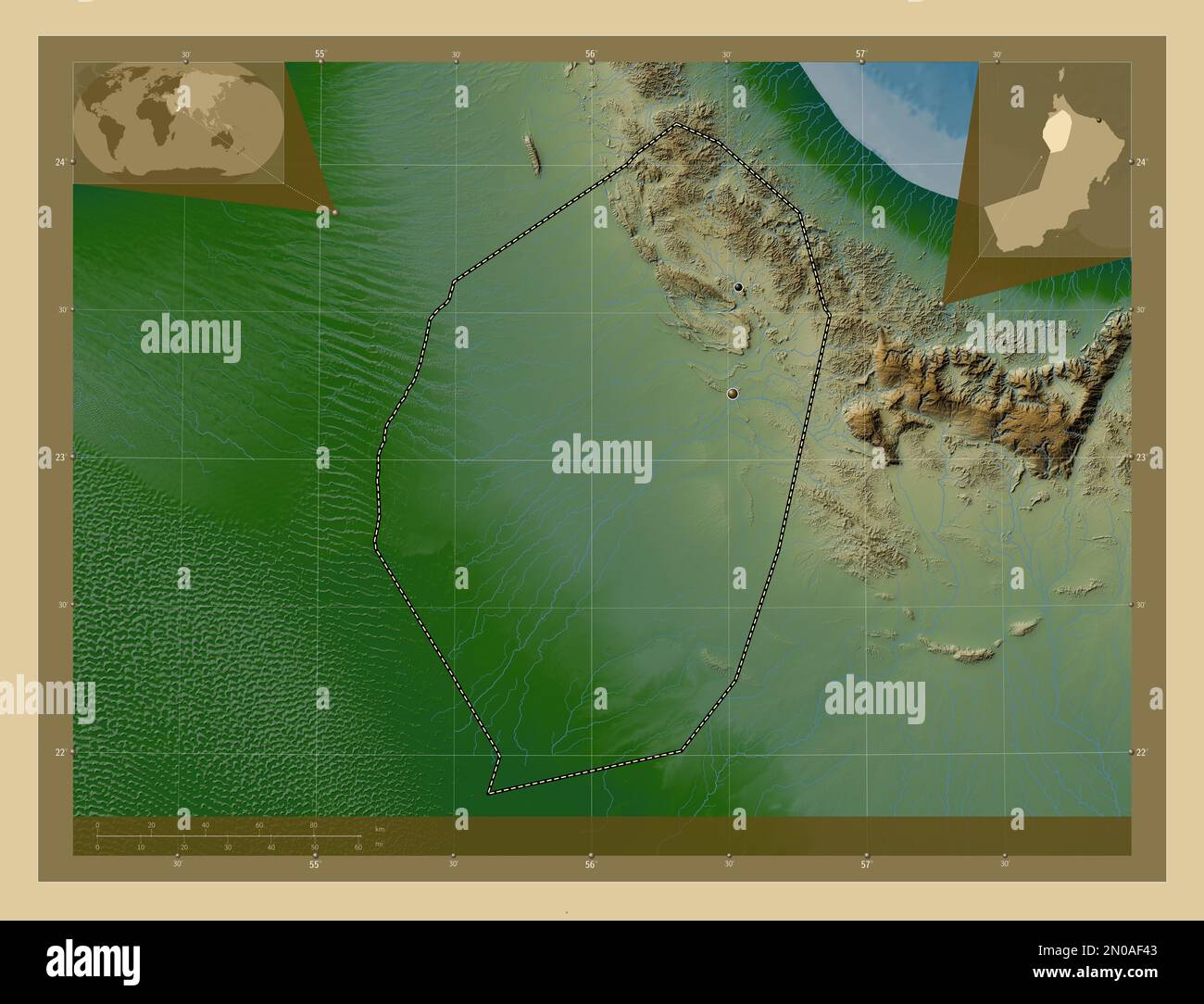 Al Dhahira, region of Oman. Colored elevation map with lakes and rivers ...