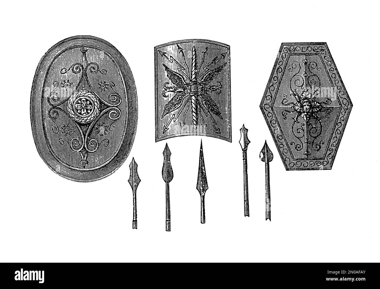 19th-century illustration of shields and lances from Ancient Rome ...