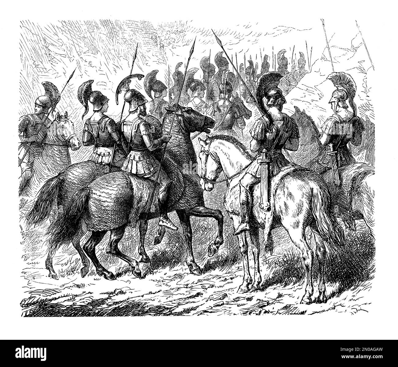 19th-century illustration of Macedonian cavalry. Engraving published in Systematischer Bilder Atlas - Kriegwesen und Seewesen, Ikonographische Encyklo Stock Photo