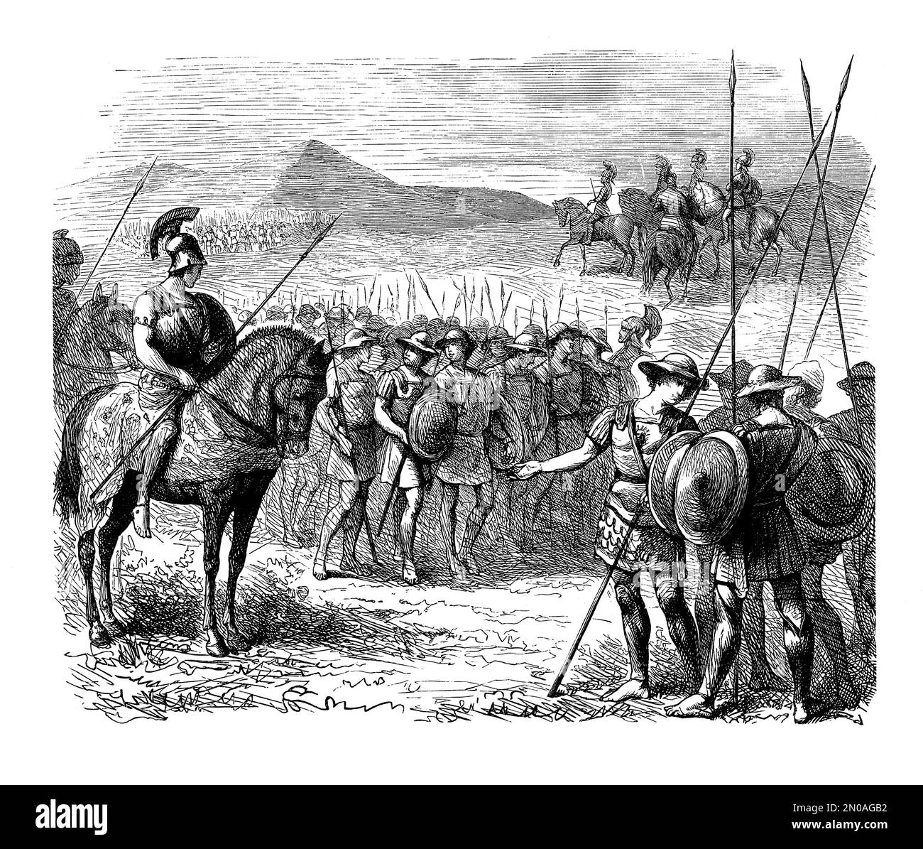 Antique 19th-century engraving of soldiers from Ancient Greece. From left to right: 1. Cavalryman from Ancient Thessaly; 2. Macedonian heavy infantry; Stock Photo