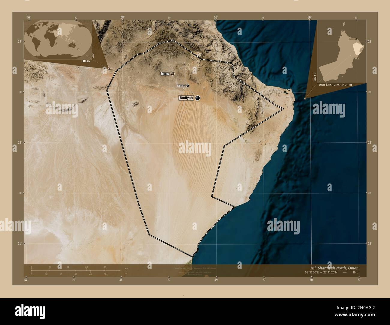 Ash Sharqiyah North, region of Oman. Low resolution satellite map
