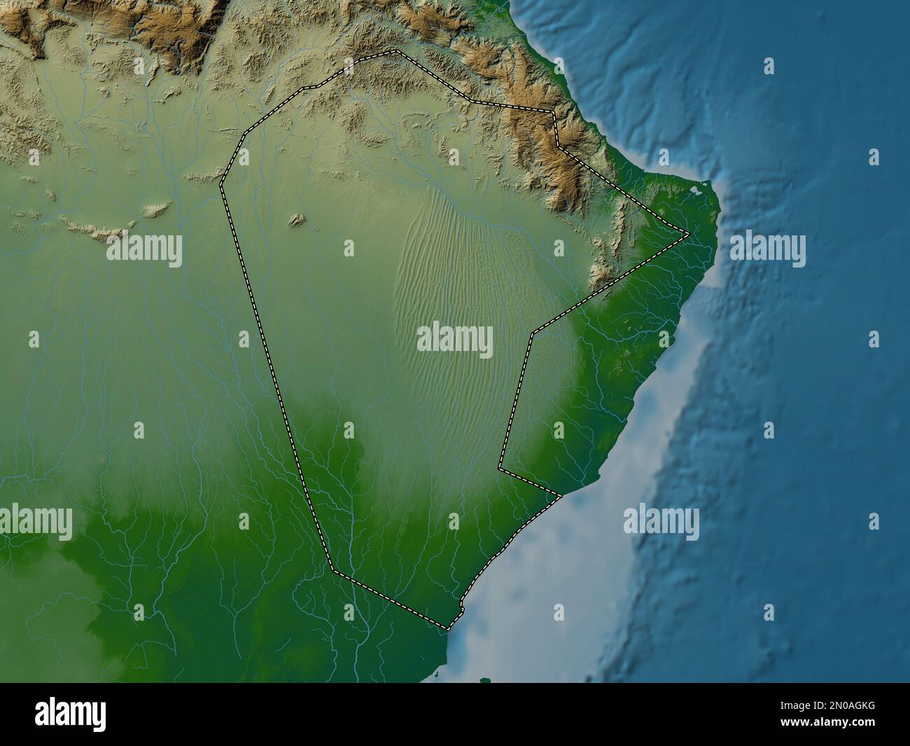 Ash Sharqiyah North, region of Oman. Colored elevation map with lakes ...