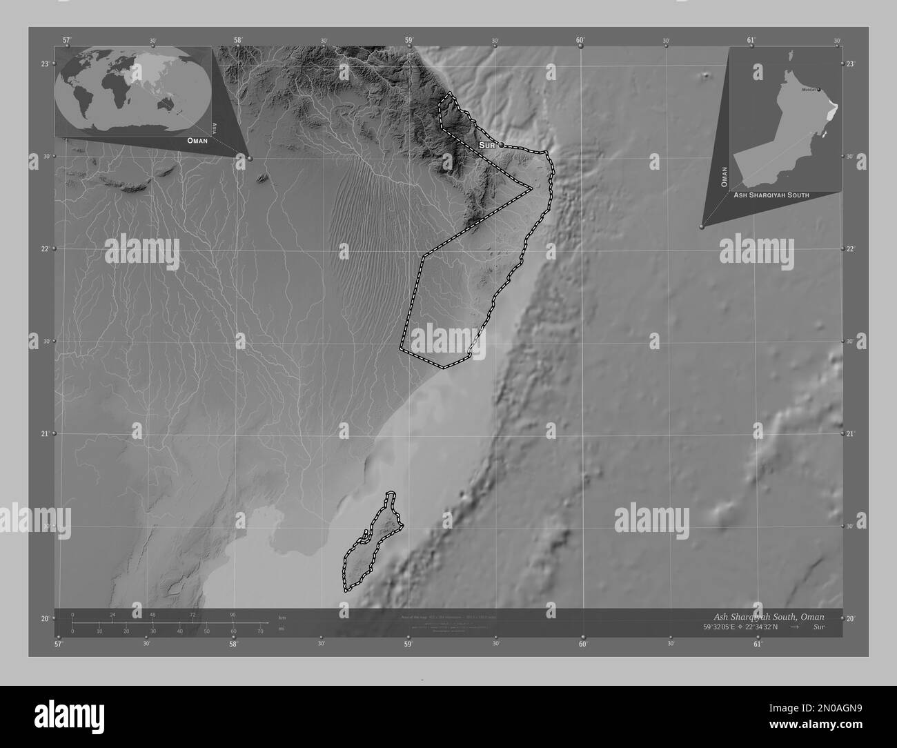 Ash Sharqiyah South, region of Oman. Grayscale elevation map with lakes ...