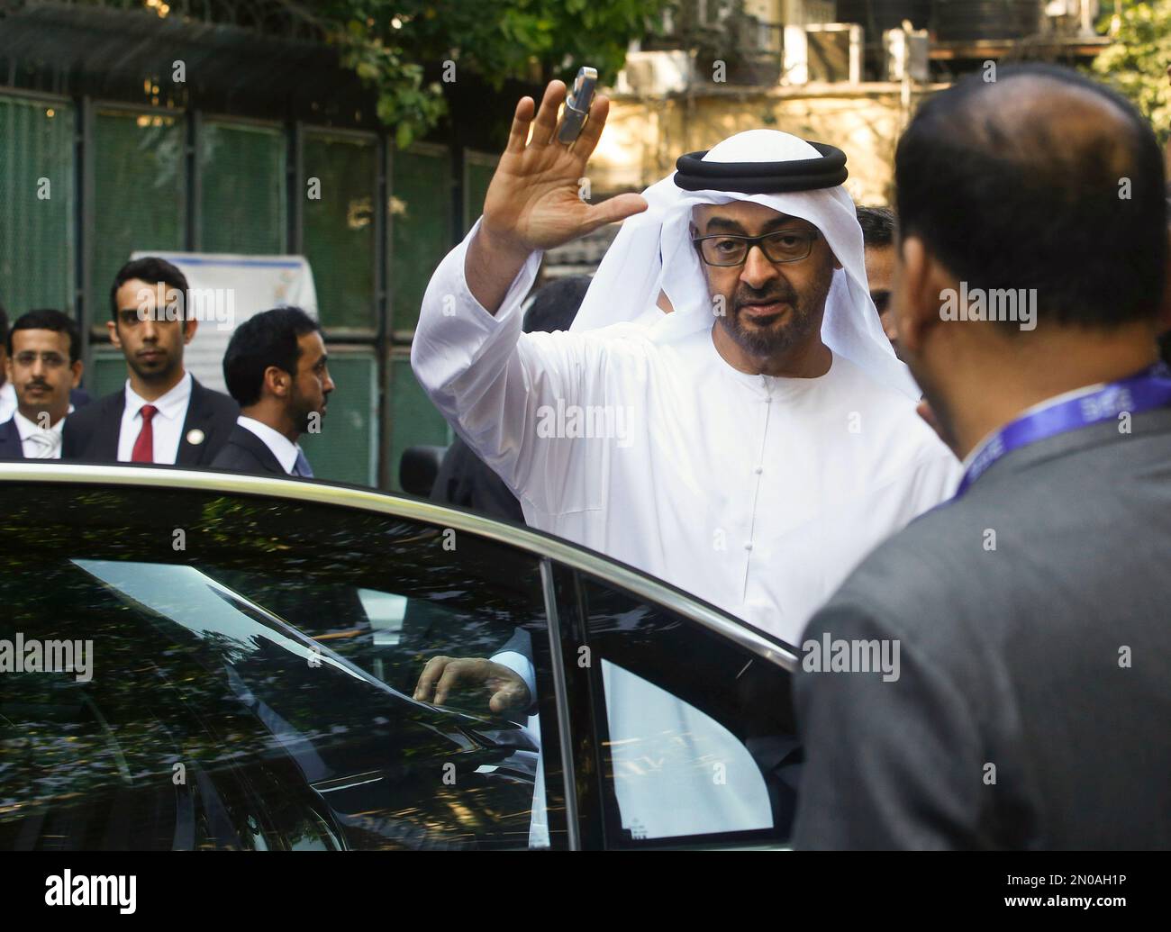 Abu Dhabi’s Crown Prince Sheikh Mohamed bin Zayed Al Nahyan waves as he