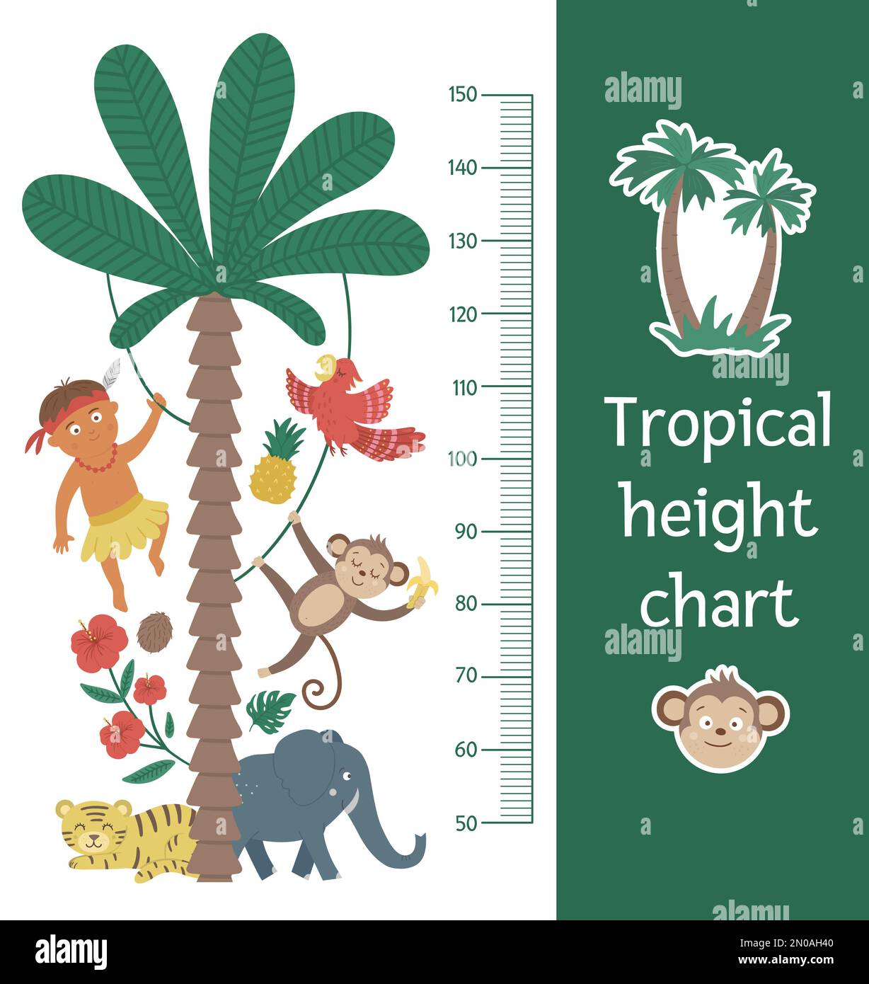 Vector cute height chart with exotic animals, African boy, leaves ...