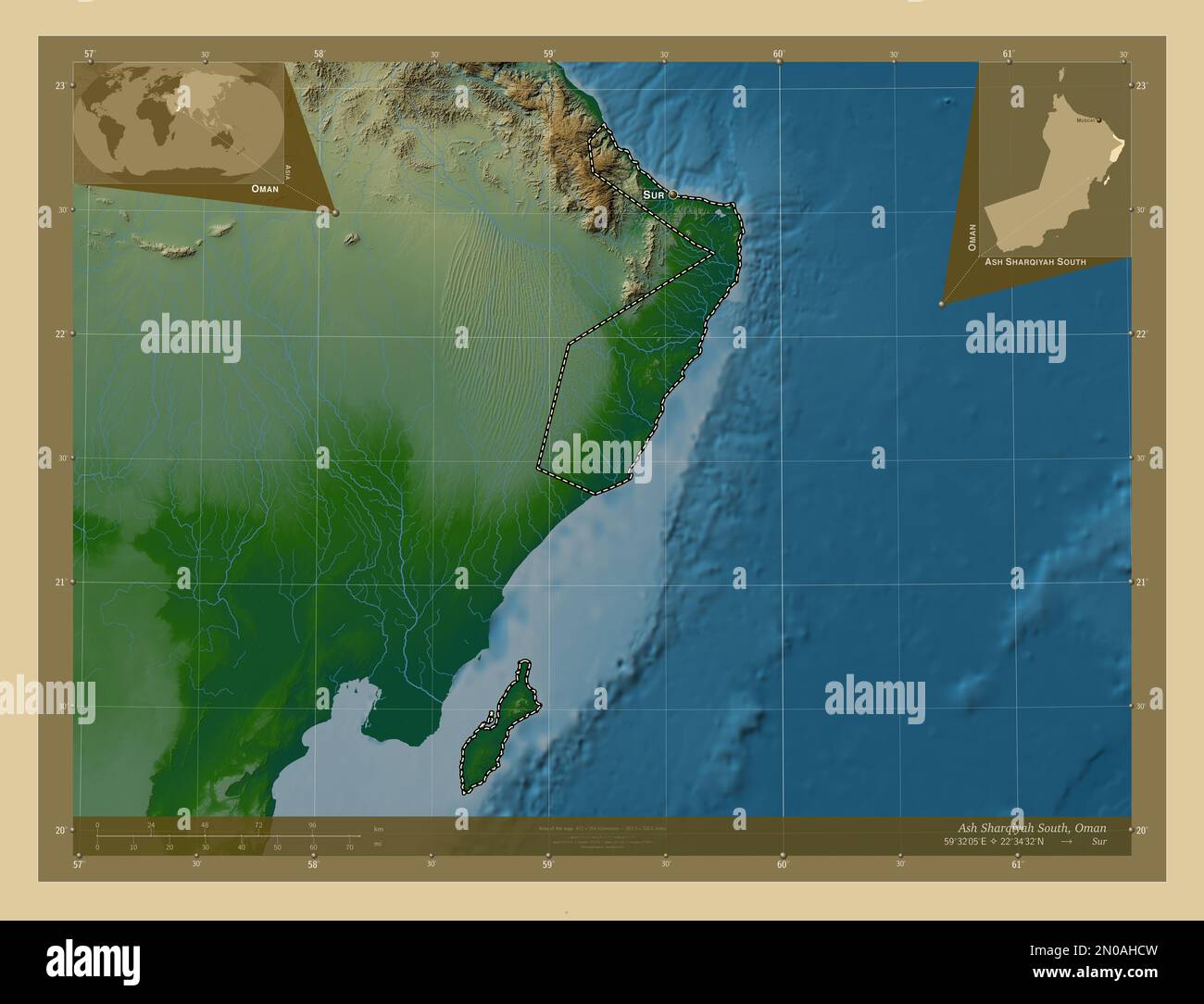 Ash Sharqiyah South, region of Oman. Colored elevation map with lakes ...