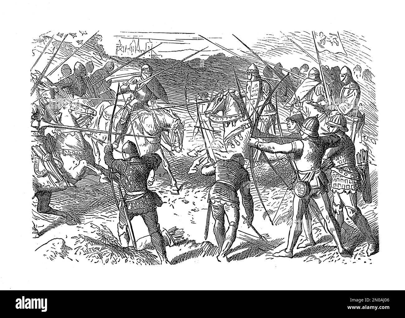 Antique 19th-century engraving of the Battle of Crecy, one of the most important battles of the Hundred Years' War, which took place on 26 August 1346 Stock Photo