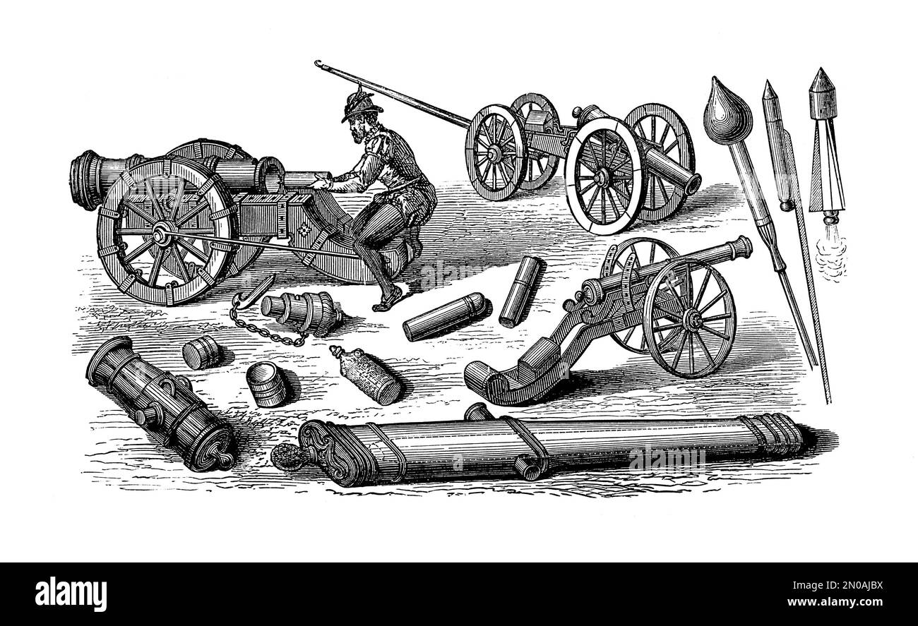 Antique 19thcentury engraving depicting artillery weapons and tools
