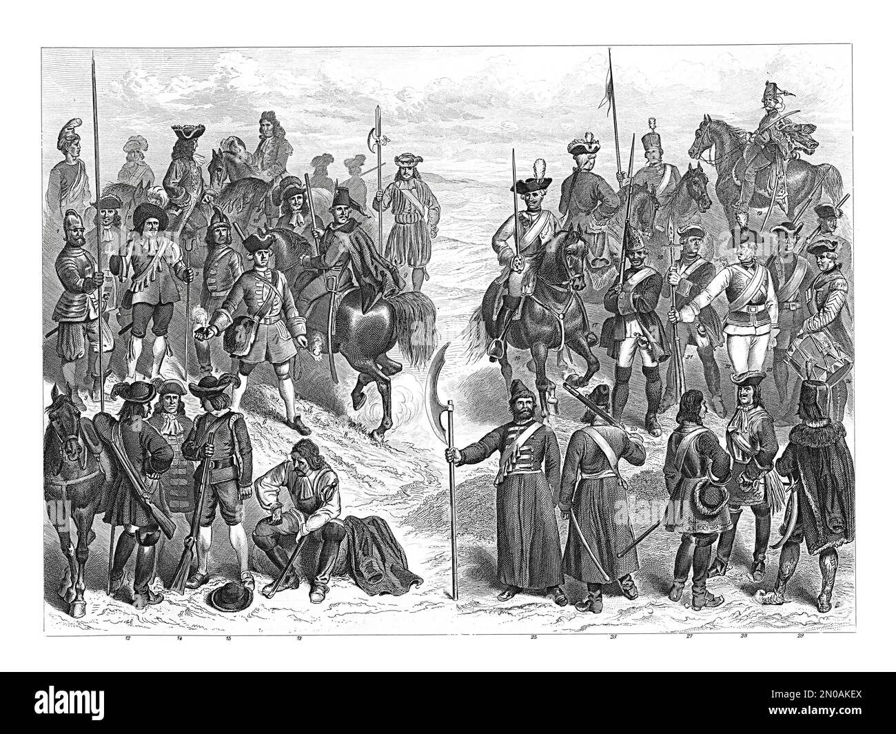 19th-century engraving of European military units, XVII-XVII. French troops (1-11): 1. Hussar; 2. Officer; 3. Pikiner; 4. Musketeer; 5,6. Grenadiers; Stock Photo